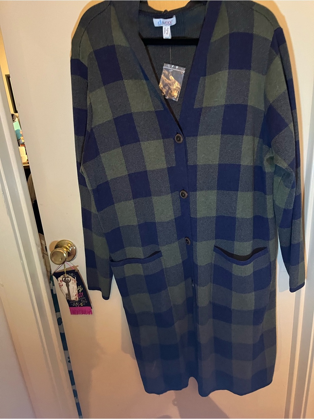 Long Plaid Button-Front Cardigan in Navy and Olive